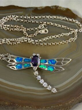 Sterling Silver Dragonfly Necklace & Blue-Green Opal Wings and Amethyst & CZ's